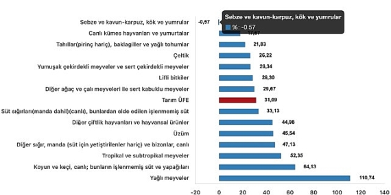 Tüik: Tarım ürünleri üretici fiyat endeksi (Tarım-ÜFE) yıllık %31,09 arttı, aylık %2,00 arttı